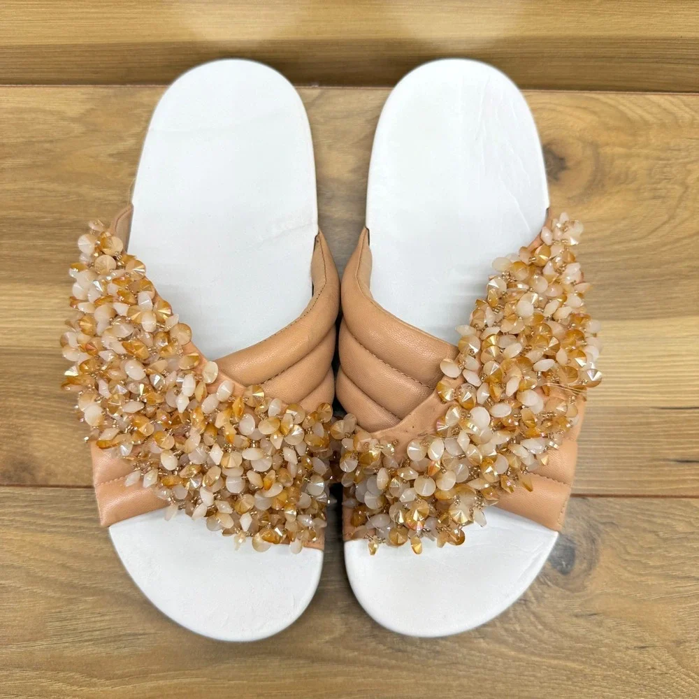 Tory Burch Logan Slide Sandals 9 M Tan Embellished Cross Strap Resort Vacation